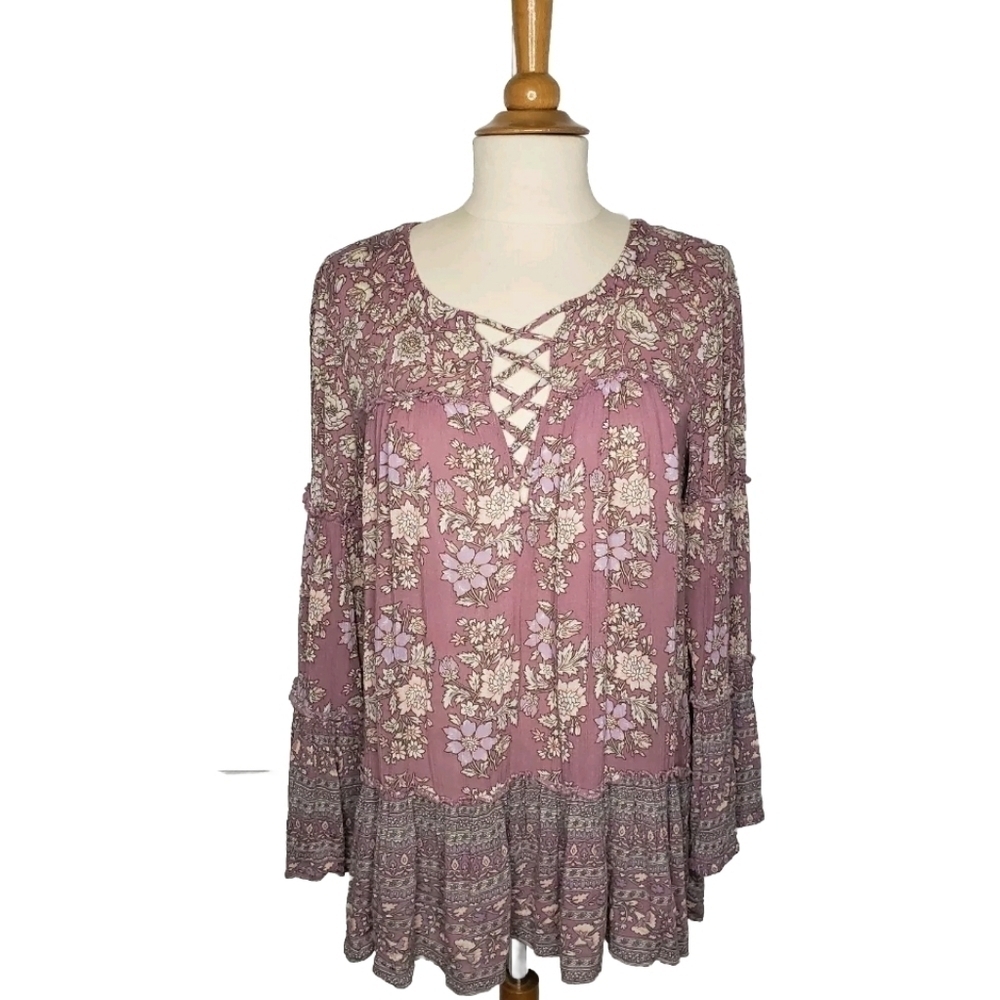 American Eagle Outfitters Dusty Mauve Floral Lace-Up Peasant Blouse